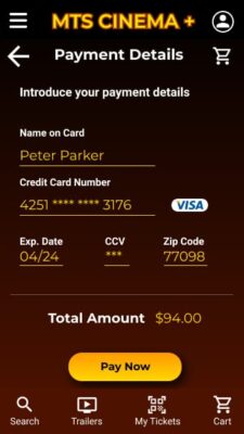 MTS Cinema + High Fidelity Prototype - Payment details screen | JJ Garrido UX